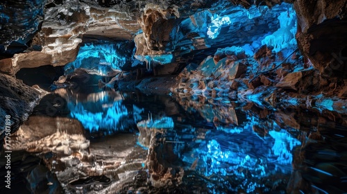 A cave with blue water and rocks