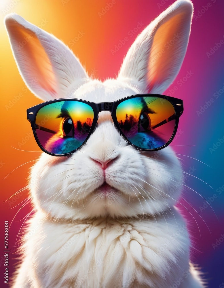 A charming white rabbit donning stylish sunglasses, set against a vibrant gradient background, evoking a cool and trendy vibe perfect for modern designs