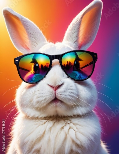 A charming white rabbit donning stylish sunglasses, set against a vibrant gradient background, evoking a cool and trendy vibe perfect for modern designs