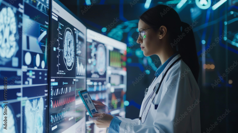 A woman in a white lab coat is looking at a computer screen with a tablet in her hand. She is looking at a graph of a patient's health data A woman in a white lab coat is looking at a computer screen with a tablet in her hand. She is looking at a graph of a patient's health data