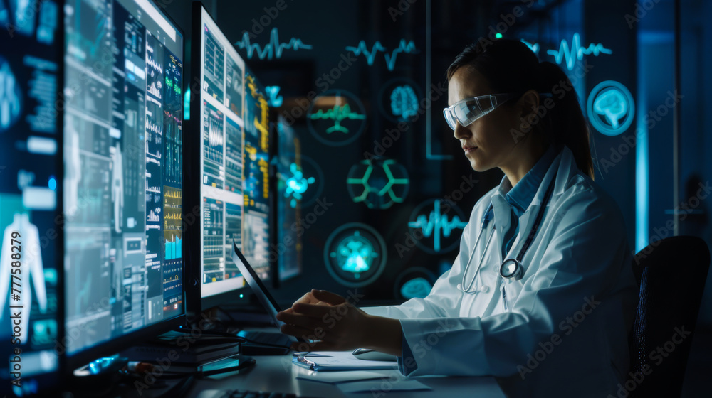 A woman in a white lab coat is looking at a computer screen with a tablet in her hand. She is looking at a graph of a patient's health data A woman in a white lab coat is looking at a computer screen with a tablet in her hand. She is looking at a graph of a patient's health data