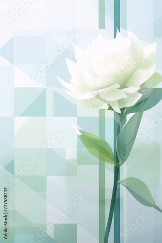 White rose with green leaves on blue and green geometric background  digital art  geometric  interior design  art deco