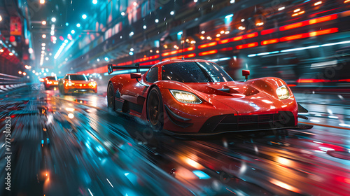 Performance sports cars compete in a high-speed night race, with vibrant light reflections on a wet track