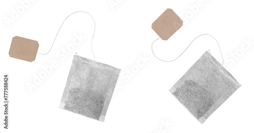 Organic green tea bags with blank tag, isolated on a transparent background