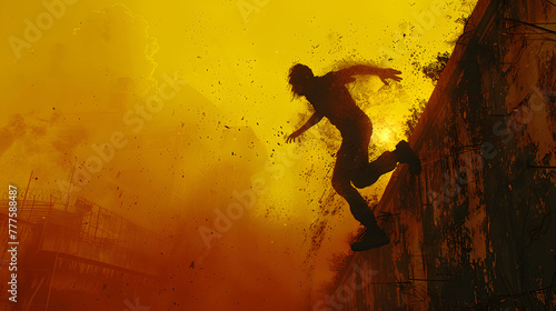 Silhouette of a person leaping through an intense, fiery landscape evoking an apocalyptic or dystopian scenario