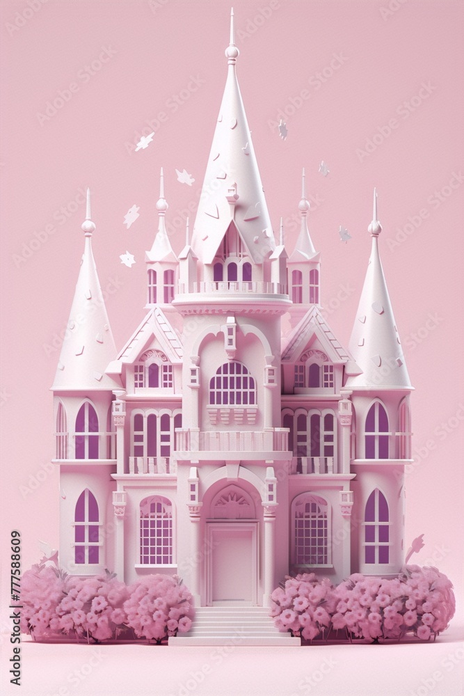Fototapeta premium A pink and white 3D rendering of a fairytale castle with pink flowers in front of it.