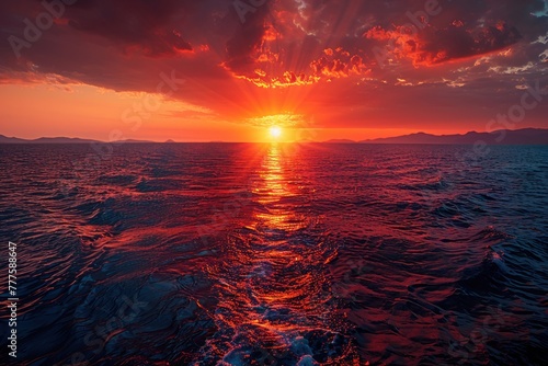 The sun sets over the ocean  viewed from a boat on the water