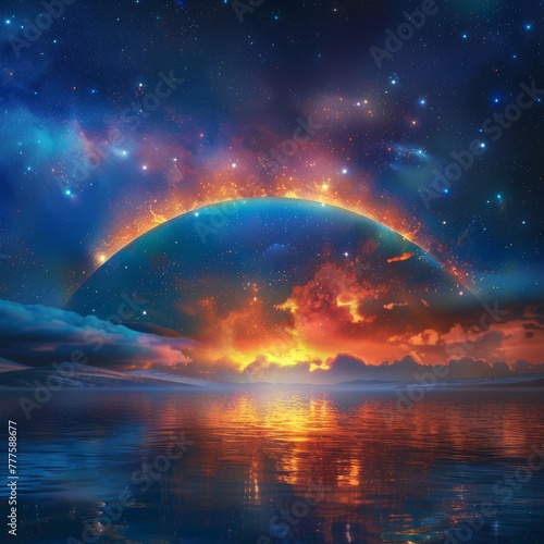brightly-colored rainbow on fire over a cool blue laguna photo starry sky background © Xabi
