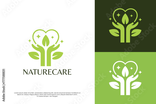 Nature care vector logo template. This design use hands symbol holding hearts and leaves. Suitable for nature, business.