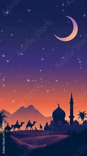 People on camels under moon  a night sky with stars  a mosque silhouette in the background