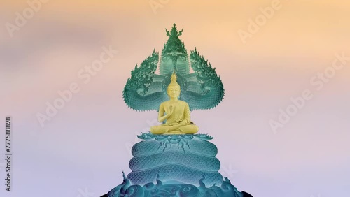 gold buddha protected by the hood of the mythical king naga negative colorful background