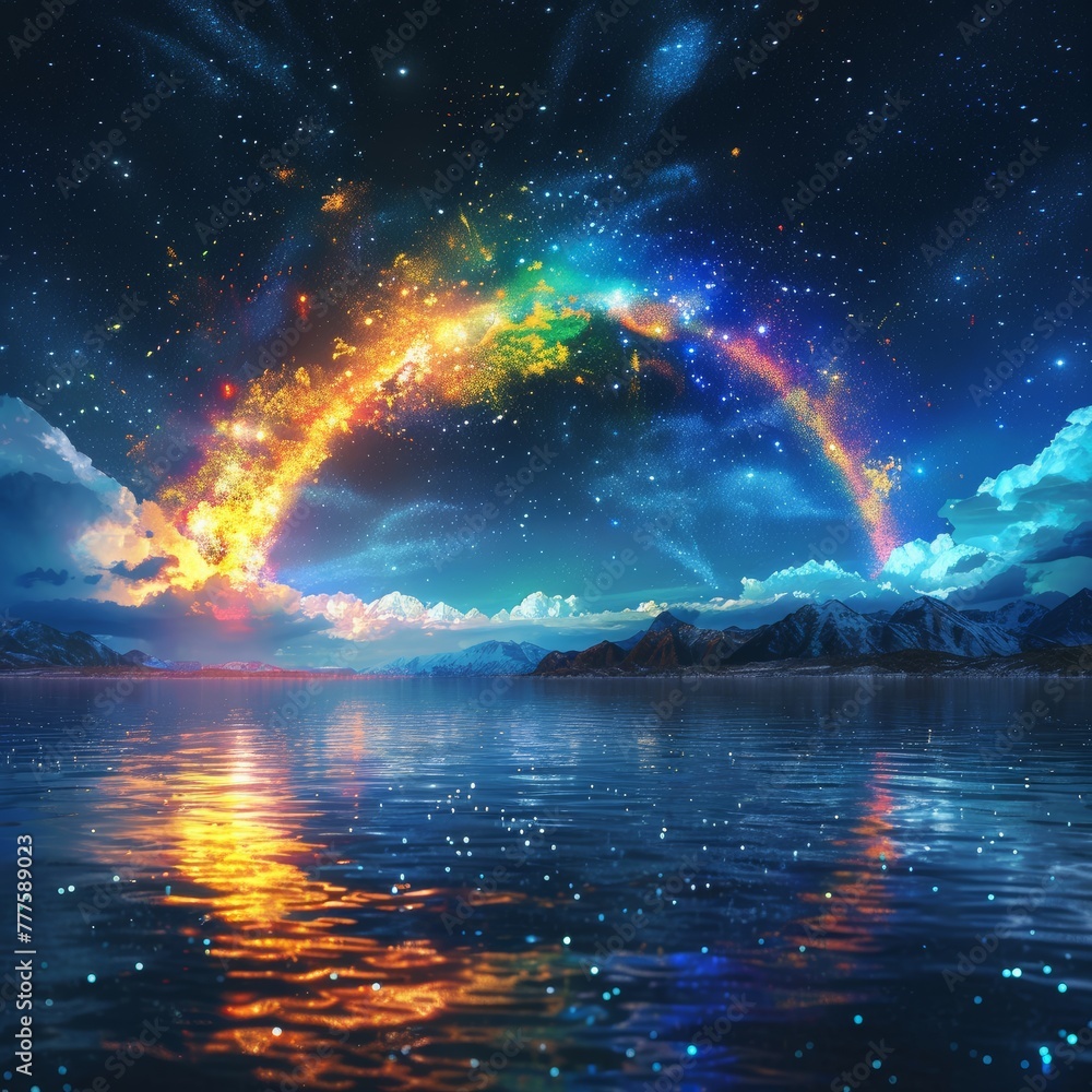 brightly-colored rainbow on fire over a cool blue laguna photo starry sky background - obrazy, fototapety, plakaty 