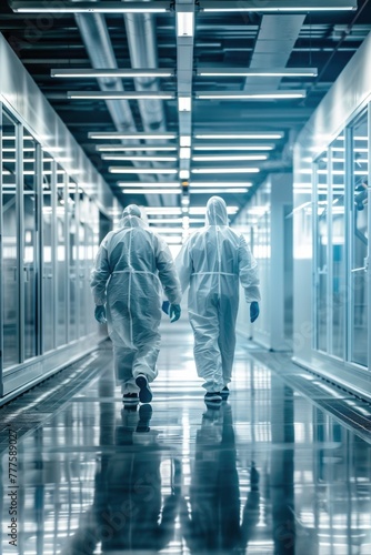 Two doctor surgical people in white ppa suits walk down a hallway through surgery room 