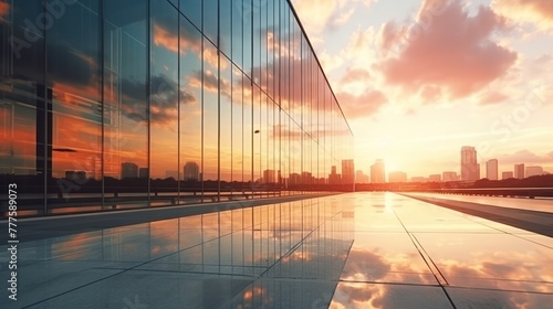 Modern office building or business center. High-rise window buildings made of glass reflect the clouds and the sunlight. empty street outside wall modernity civilization. growing up business