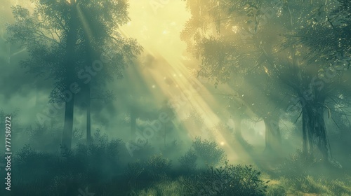 Sunbeams filtering through the misty morning fog, casting an ethereal glow over a tranquil forest clearing. photo