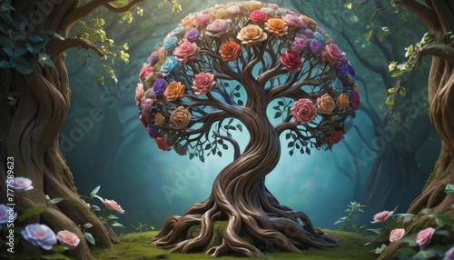 A whimsical digital artwork of a tree with a rich tapestry of colorful flowers, set in an enchanting forest, evoking a sense of magical wonder.