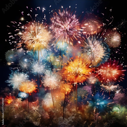 Fireworks in the night sky with a colorful floral explosion of lights in a surreal dreamlike scene, digital art, vibrant colors, abstract, surrealism.