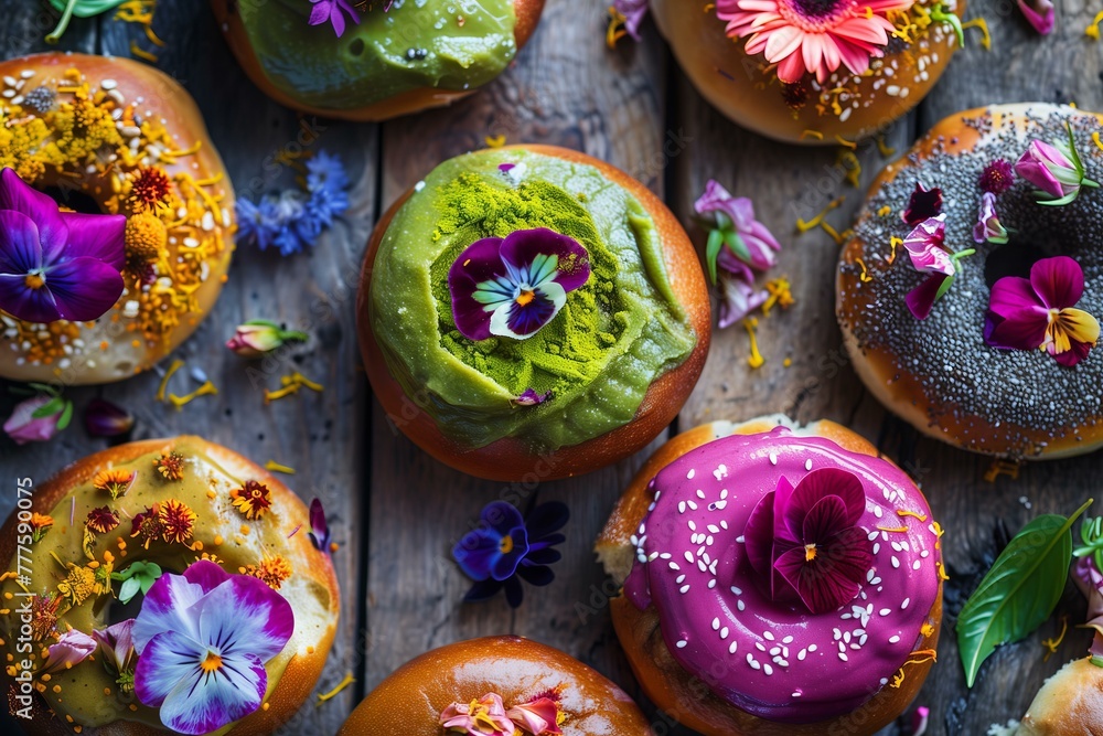 Artisanal bagels with unique toppings like edible flowers and matcha