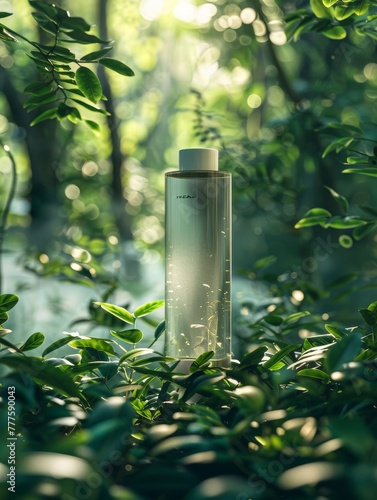 A serene eco-friendly packaging concept highlighting biodegradable materials, set in a lush green forest background with soft, natural sunlight filtering through the leaves