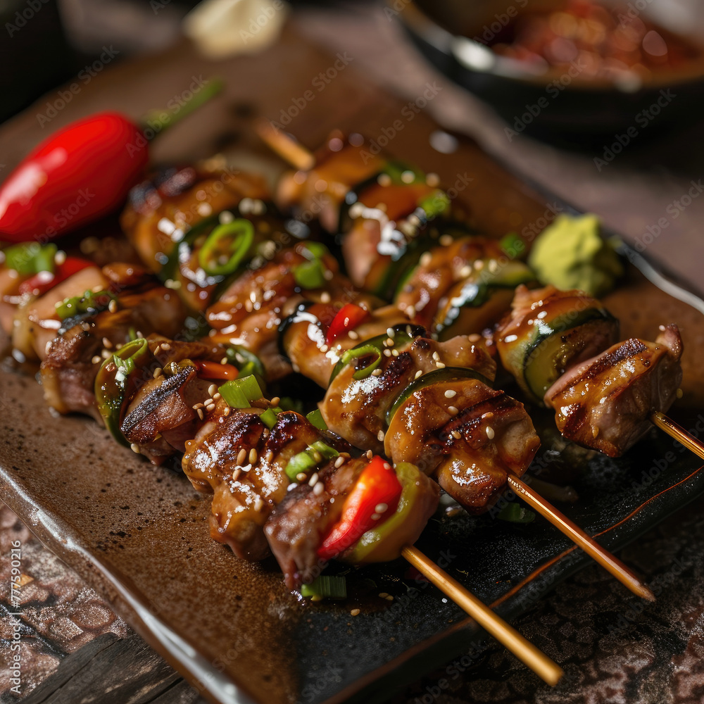 In this product image showcasing Japanese yakitori, the focus is on the delectable and juicy nature of the dish