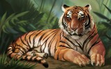 An illustration of a majestic tiger resting in a lush jungle environment