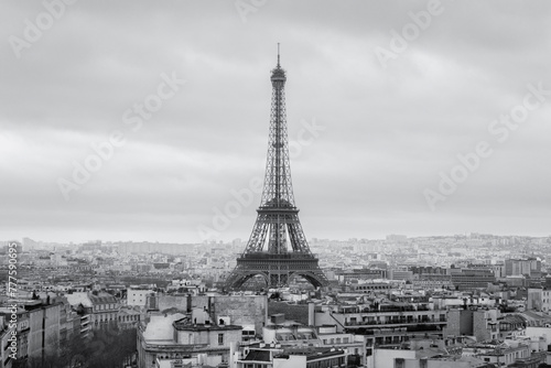 Paris  France. Black and white cityscape with Eiffel Tower.