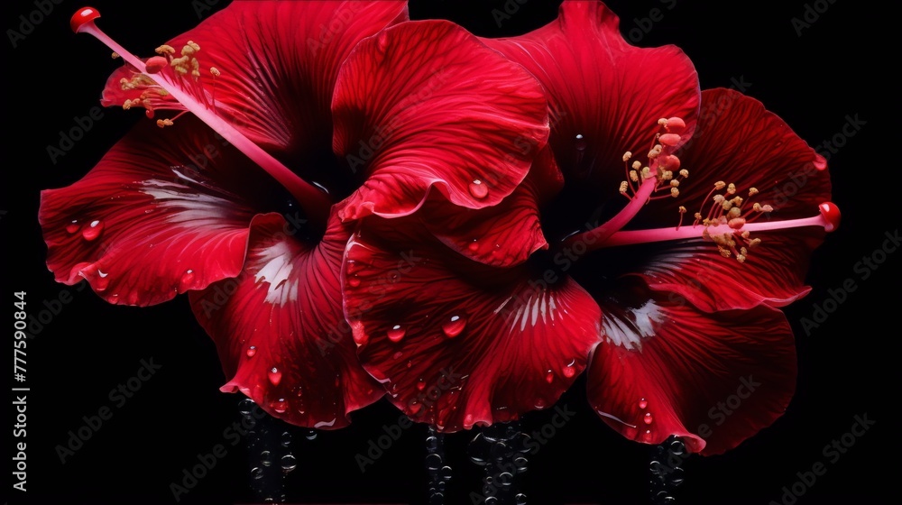 Red hibiscus flowers with water drops on a black background, still life photography, art, macro, dark