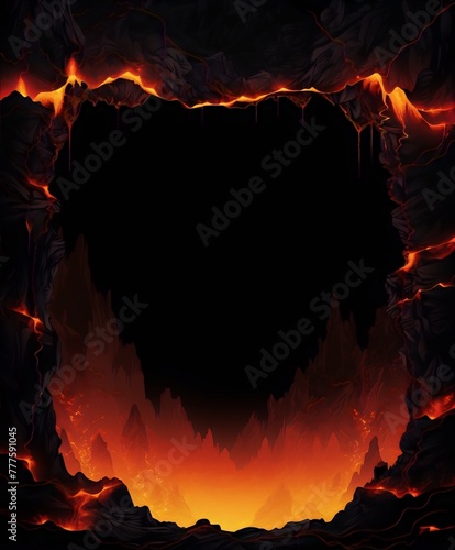 Lava cave entrance frame, black interior, red orange yellow, digital art, fantasy, landscape, underworld
