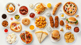 The collection of fast food, including sandwiches, pizza and eggs with bacon, is presented on a white background to emphasize their appetizing and freshness.