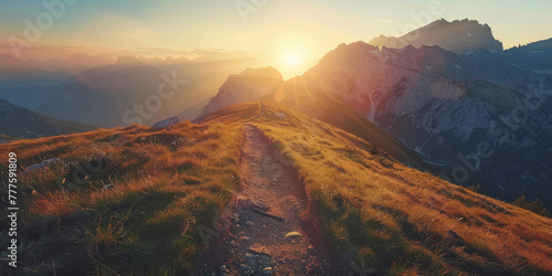Majestic Mountain Sunrise over Serene Hiking Trail © smth.design