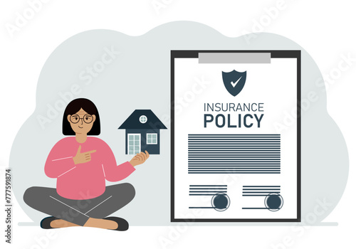 A woman holds in his hands at home next to a large insurance contract. Home and real estate insurance concept. Vector flat illustration