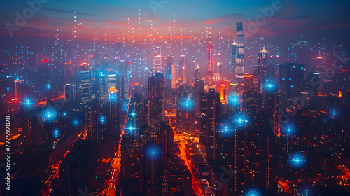 Dusk falls over a modern cityscape, interwoven with glowing digital network nodes and lines symbolizing a smart, connected urban environment