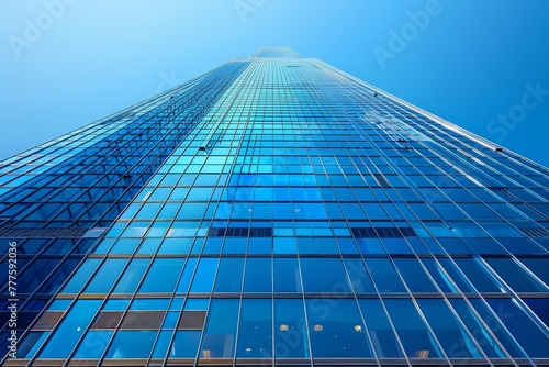 a magazine-style architectural photograph that emphasizes the grandeur and craftsmanship of a modern skyscraper. Accentuate the reflective glass facade, towering height