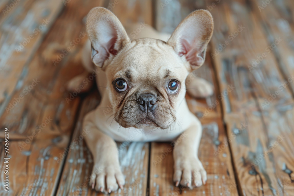 Adorable Fawn French Bulldog Puppy on Wooden Floor