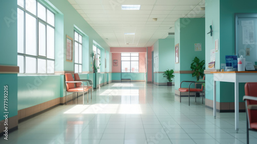 Modern interior science hospital lab corridor with lighting. Long hospital bright reception corridor with rooms and seats. Nobody. Empty blank space.  © ribelco