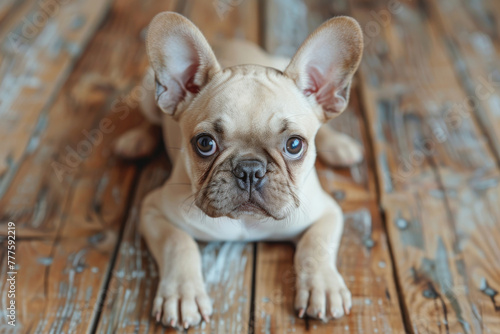 Adorable Fawn French Bulldog Puppy on Wooden Floor © smth.design