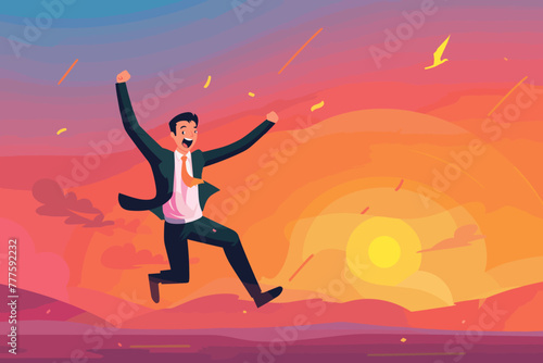 Ecstatic businessman leaps with joy, arms raised in triumph, celebrating remarkable success and victory, achieving goals and reaching new heights