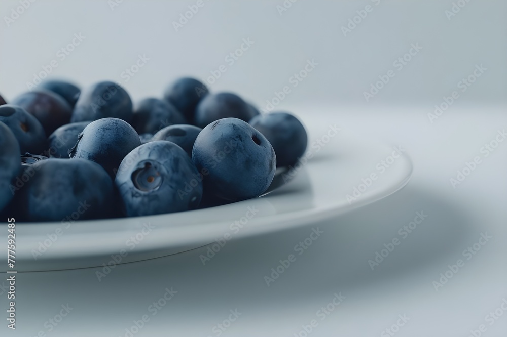 Ripe blueberries scattered on a white plate, summer food, refreshing, delicious, Generative AI Ripe blueberries scattered on a white plate, summer food, refreshing, delicious, Generative AI