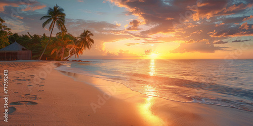 Tropical Beach Sunset with Palm Trees and Footprints
