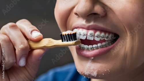 Effectiveness of bamboo toothbrush in removing organic residues from aligners and braces. Concept Bamboo Toothbrush, Aligners Cleaning, Braces Maintenance, Oral Hygiene, Organic Residues photo