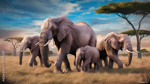 A detailed drawing of a family of elephants roaming across the savannah