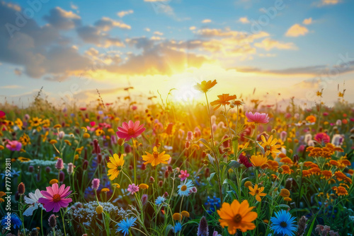 field of wildflowers with the bright sun setting behind