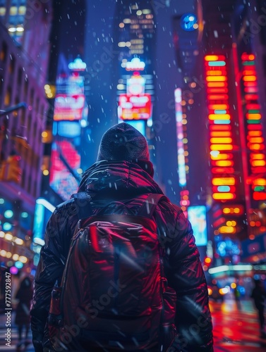 Wide-angle cinematic portrait, vibrant cityscape at night as the backdrop, subject captured in motion, blending the energy of the city with personal narrative