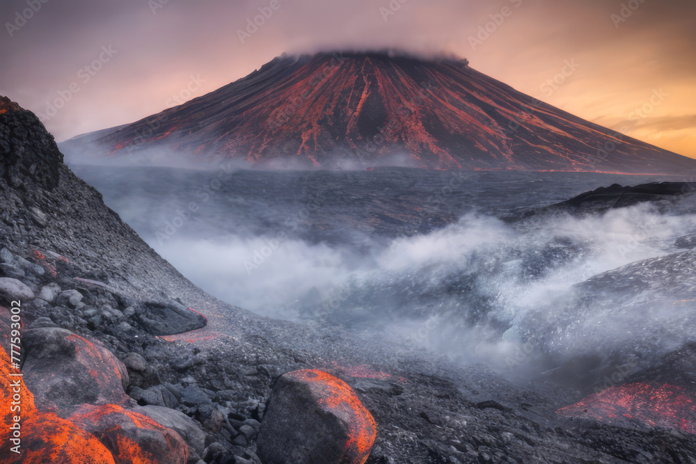 Snowy-peaked volcanic mountains spew smoke and lava against a dramatic morning sky