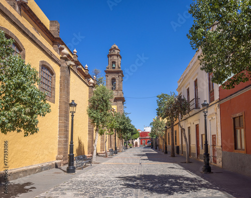 The old city of Galdar in the north of Grand Canary Island, Canary Islands, Spain. The tower of the church (Parroquia) de Santiago Apóstol.