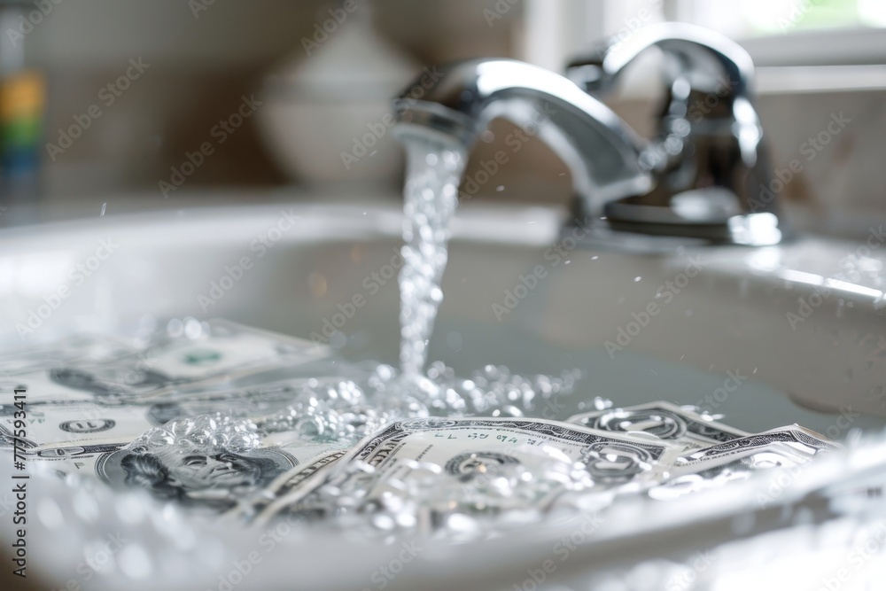 Close-up depicting dollar bills in a sink with water running from a faucet Close-up depicting dollar bills in a sink with water running from a faucet