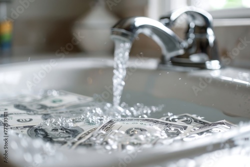 Close-up depicting dollar bills in a sink with water running from a faucet
