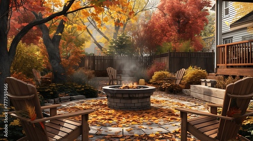 Create a visually pleasing depiction of a serene autumn backyard, complete with a fire pit and Adirondack chairs nestled in the midst of colorful fall leaves attractive look