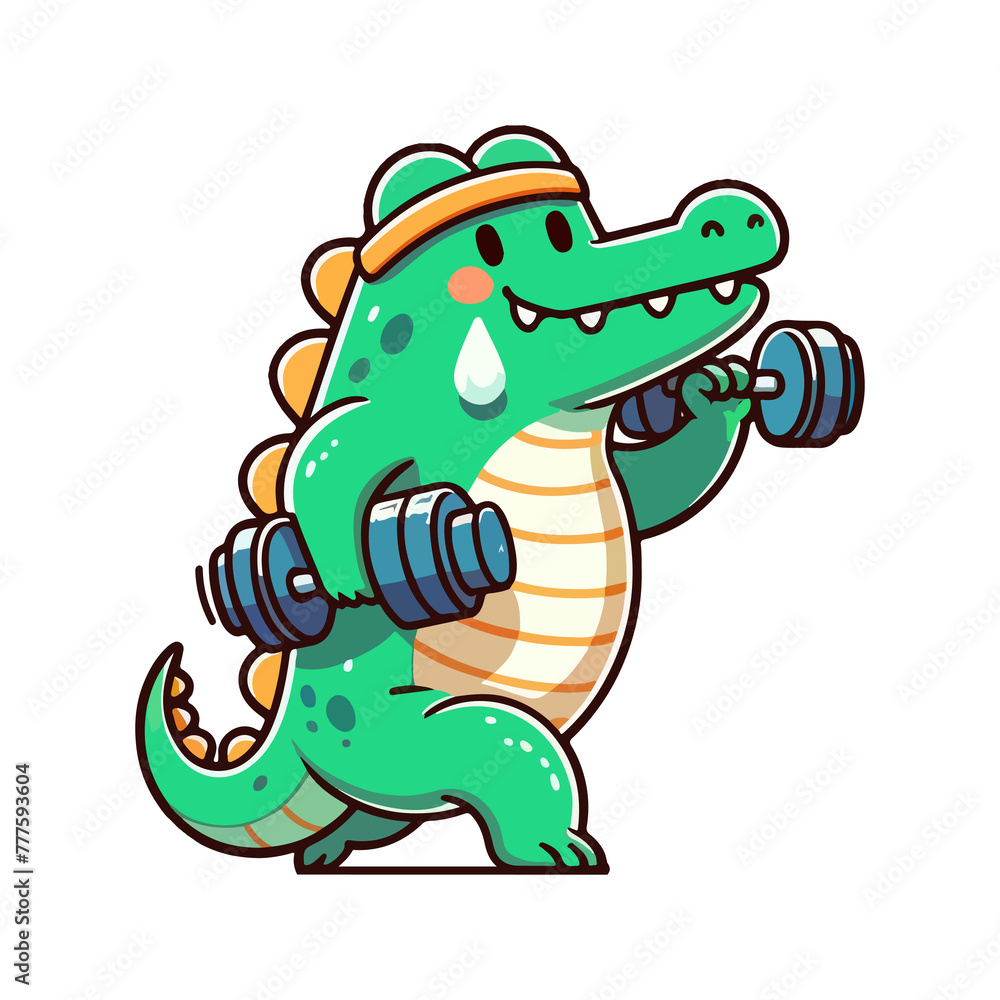 Naklejka premium cute icon character crocodile lifts barbell