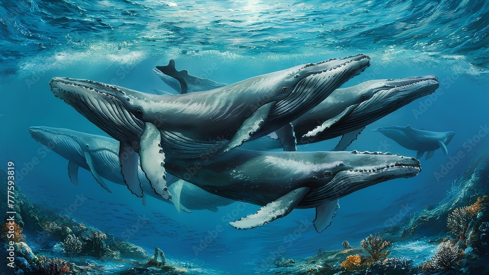 An expansive view of a pod of whales swimming gracefully in the ocean ...